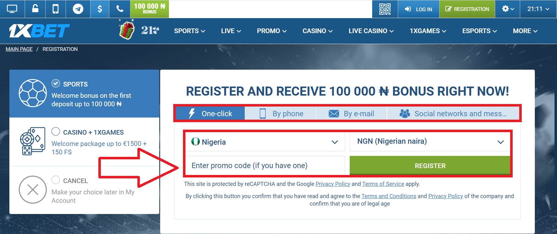 1xBet registration Nigeria